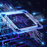 Virtual chip with a digitized brain logo on a background of a circuit grid.