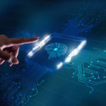 Hand interacting with a virtual chip with a digital brain logo embedded on a circuit grid.