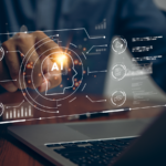 Businessman interacting with a virtual AI-powered marketing software.