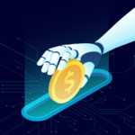 Vector illustrations of a robot arm sliding an oversized golden dollar coin into an electronic slot.