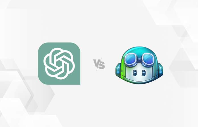 Versus graphic featuring logos of OpenAI ChatGPT and GitHub Copilot.