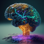 AI-generated image of a merged brain and computer circuits.