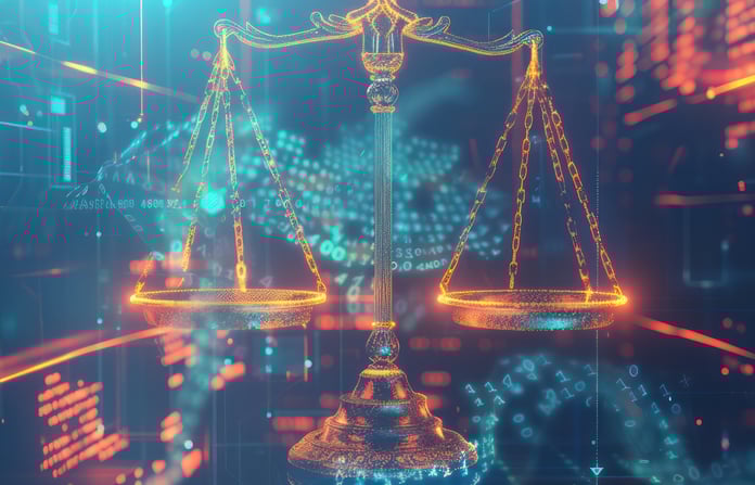 9 Top AI Governance Tools 2024 Scales of justice are juxtaposed against a futuristic blue data network background.