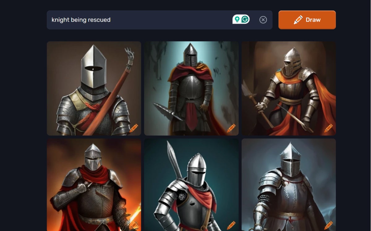 A variety of outputs from my prompt about a knight.