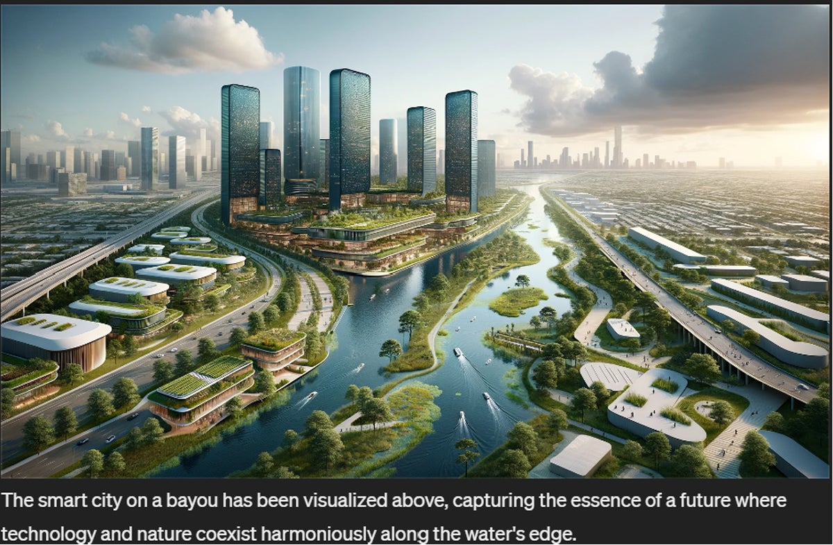 Impressive prompt of a smart city on a bayou.