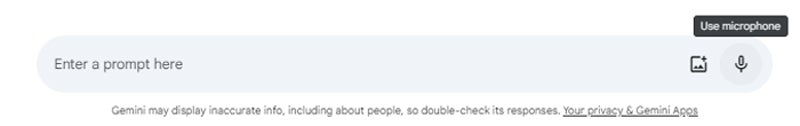 Prompt interface of Google Gemini with microphone option.