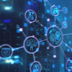 Virtual Robotic Process Automation (RPA) icons on modern city abstract background.