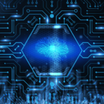 Digital brain icon surrounded by a virtual circuit grid.