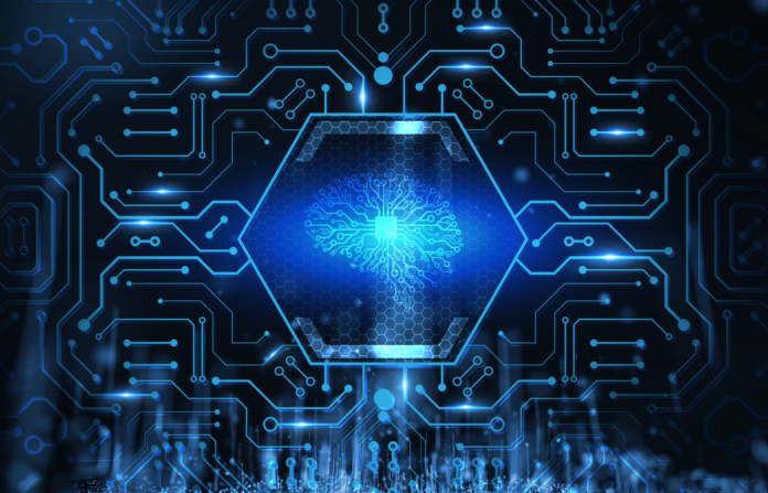Digital brain icon surrounded by a virtual circuit grid.