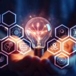Person holding a light bulb surrounded by AI related icons.