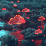 Image of red cloud icons over a network.