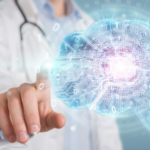Doctor interacting with a digital brain.