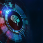 Digital brain icon on a technological background.
