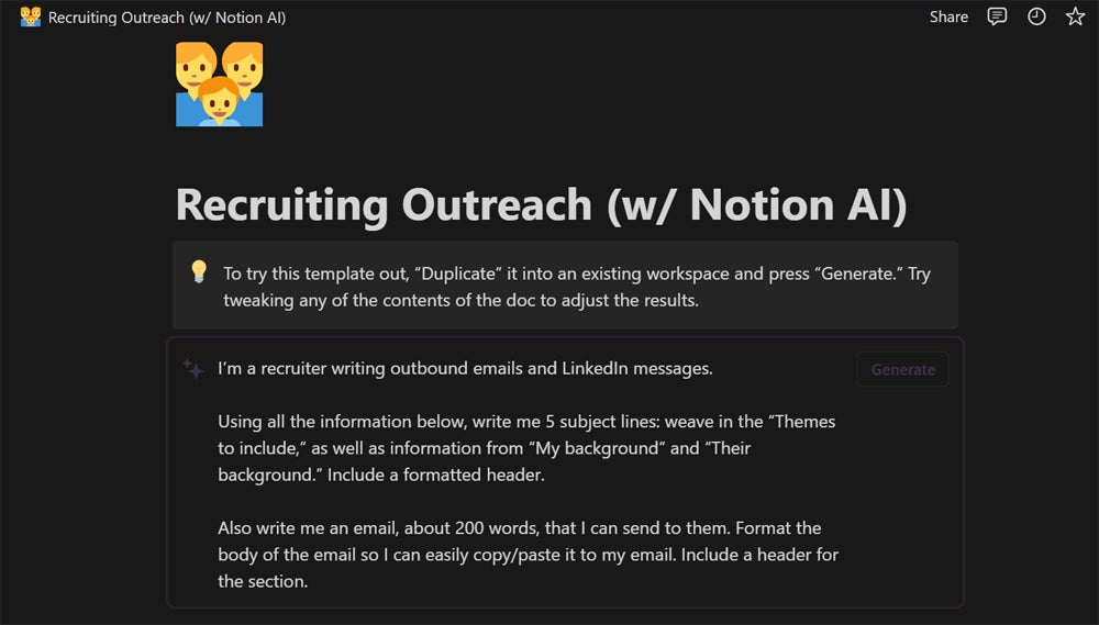 Notion AI offering content suggestions for a recruitment template.