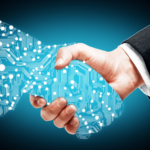 Digital handshake on blue background.