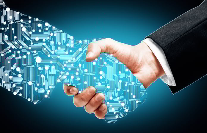 DigiCert Finds Digital Trust Boosts Productivity and Revenue Digital handshake on blue background.