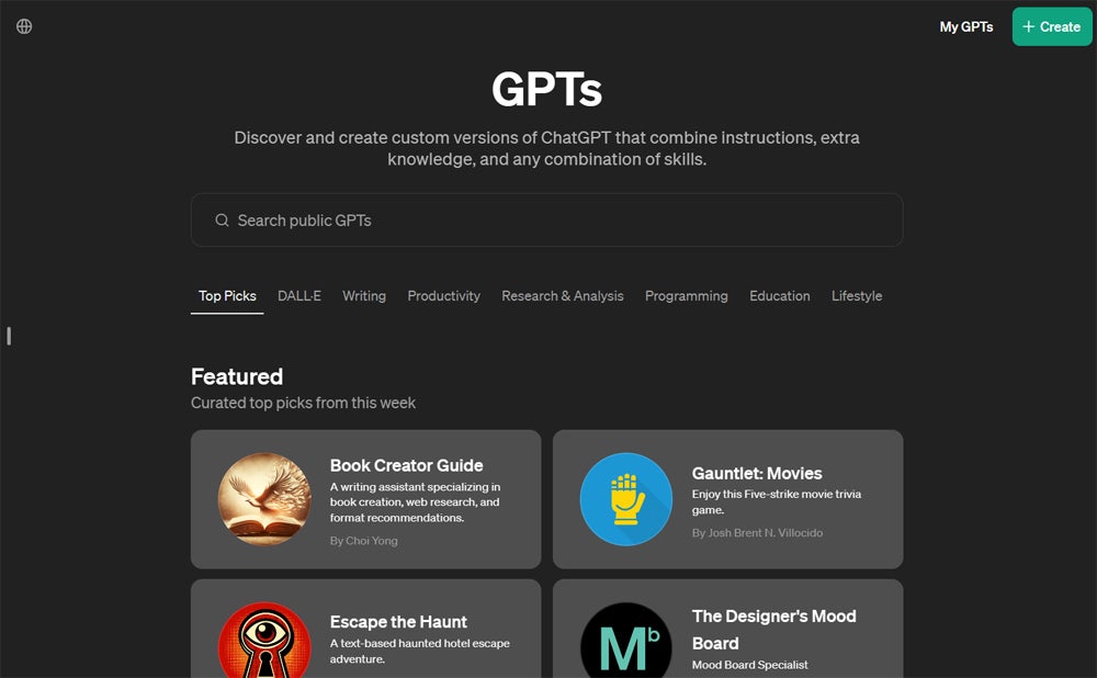 GPTs dashboard displaying multiple categories of public GPTs.