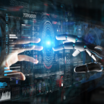 Robot hand and human hand touching digital graph interface.