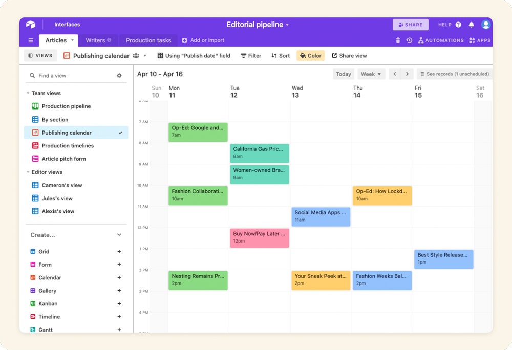 Airtable calendar interface.