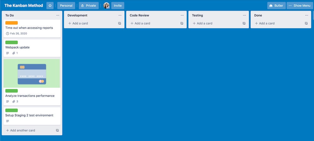 Trello Kanban board.