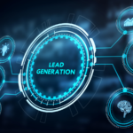 Lead generation inscription connected to related icons on a blurred background.