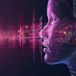 Artificial humanoid face made of binary data producing digital sound waves.