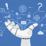 Vector illustration of a robot hand surrounded by various virtual technology icons.