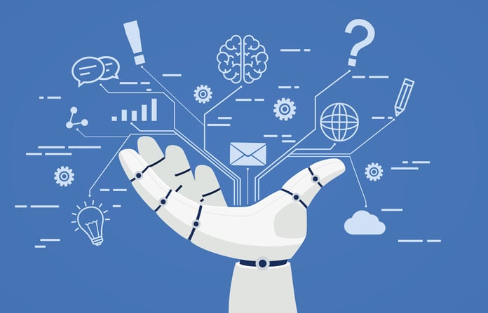 AI CRM Use Cases: 10 Top Examples and Platforms Explored Vector illustration of a robot hand surrounded by various virtual technology icons.