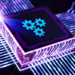 3D render of a computer chip with locked gears icon embedded on a circuit grid.