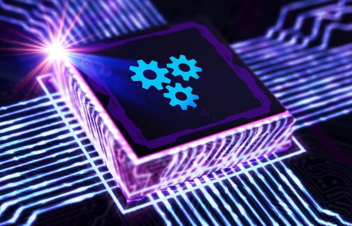 AI Model Optimization: 6 Key Techniques 3D render of a computer chip with locked gears icon embedded on a circuit grid.