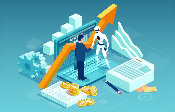 How to Use AI in Sales: Top Strategies, Examples, and Tools Vector of a businessman and a robot shaking hands standing on computer.