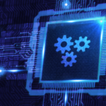 Virtual chip with interlocked gears icon on a circuit grid background.
