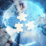 Pieces of jigsaw puzzle and global network concept.