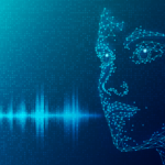 Virtual human face with digital voice waves on blue backgroiund.