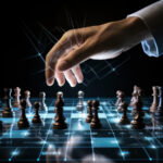 Faceless businessman moves the pieces on the chessboard.