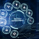 Project Management inscription surrounded by virtual project management related icons on a blue background.