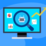 Vector illustration of a robot head under a magnifying glass and surrounded by analytics icons on a display monitor.