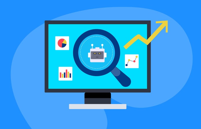 Vector illustration of a robot head under a magnifying glass and surrounded by analytics icons on a display monitor.