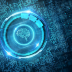 Virtual brain icon on a digital background.