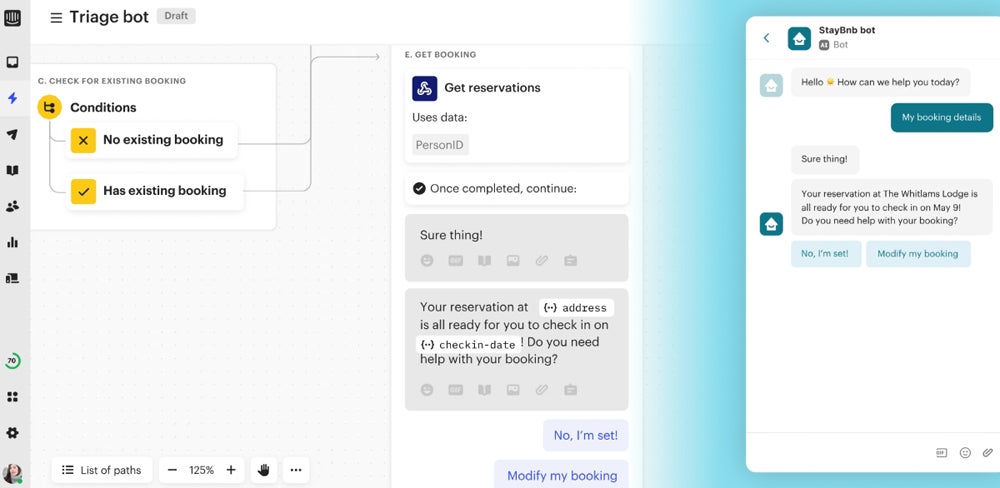 A chatbot by Intercom in action, assisting customers with their bookings.