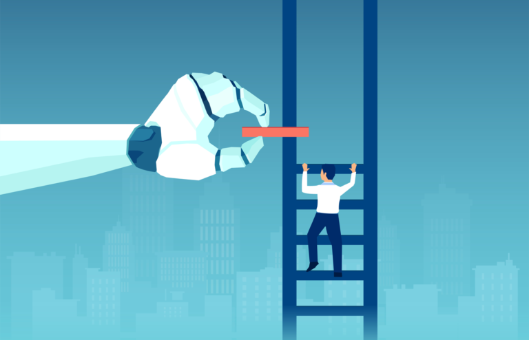 Vector of a robot hand helping climbing up businessman