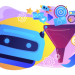 Vector illustration of robot head with various sales and marketing elements.