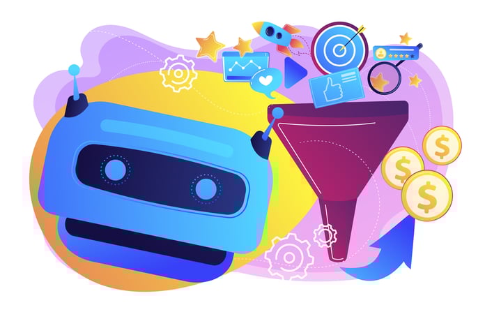 8 Ways to Use AI for Lead Generation: Strategies and Tools Vector illustration of robot head with various sales and marketing elements.