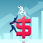 Vector of a robot helping businessman to climb a dollar sign.