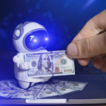 Real robot give dollars money for people.