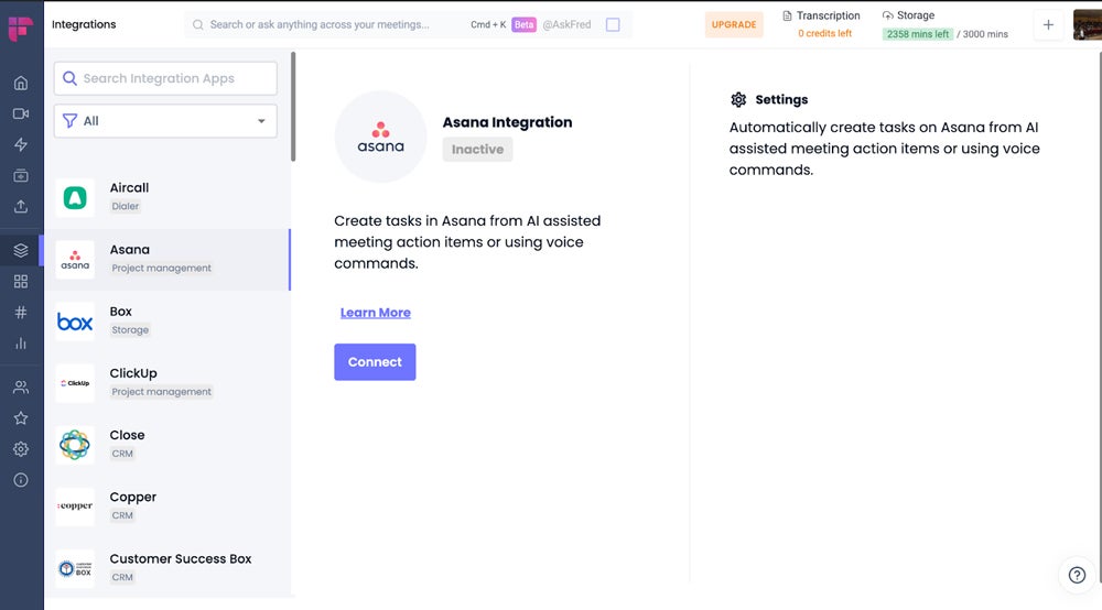 Asana integration connection page.