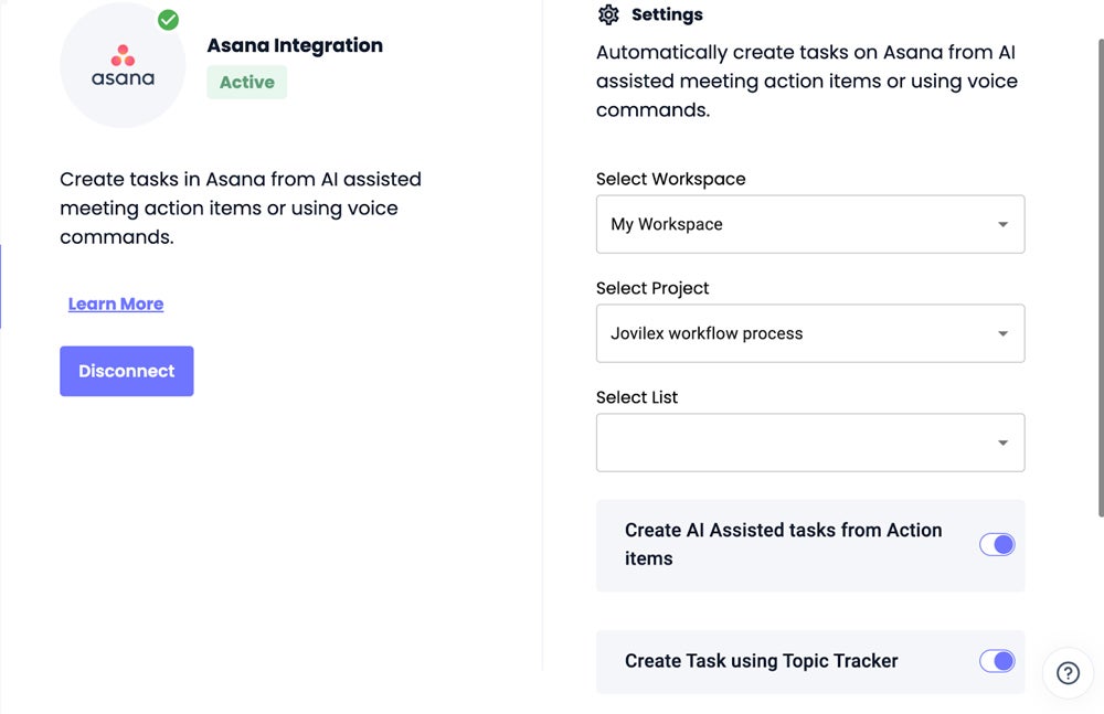 Asana integration settings customization.