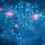 Circuit grid forming a digital brain on a background of data stream