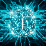Virtual image of a brain on a circuit grid background.