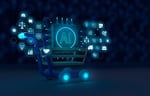 Shopping cart with AI chip and marketing icons.